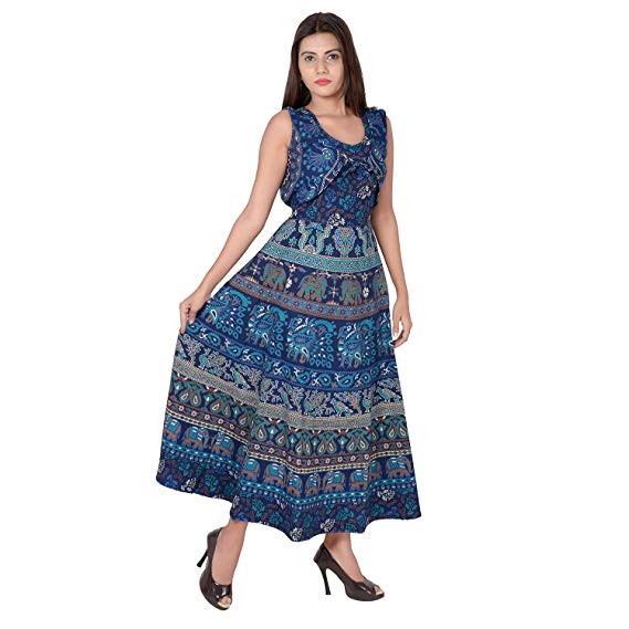 Jaipuri Fashionista Designer Cotton Women's Maxi Long Dress Jaipuri Printed with Atteched Jacket(Free Size Upto 44-XXL)