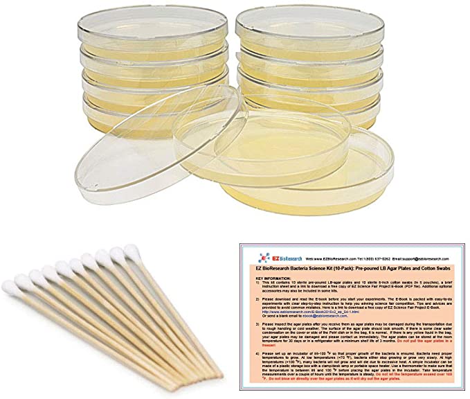 EZ BioResearch Bacteria Science Kit (II): Top Science Fair Project Kit. Prepoured LB-Agar Plates And CottonSwabs. Exclusive Free Science Fair Project E-Book Packed With Award Winning Experiments.