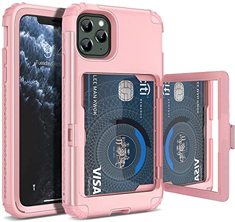WeLoveCase iPhone 11 Pro Max Wallet Case, Defender Wallet Card Holder Cover with Hidden Mirror Three Layer Shockproof Heavy Duty Protection All-Round Armor Protective Case for iPhone 11 Pro Max Pink
