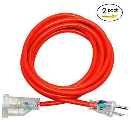 KMC 16AWG Power Outdoor Extension Cord with Night Light 2 Pack - 10 Feet (16/3 Orange)