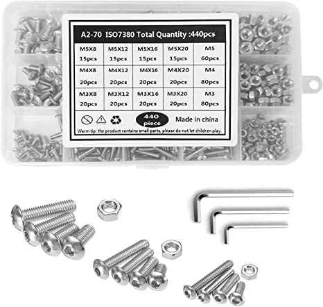 GDORUN 440PCS Bolts and Nuts Set M3 M4 M5 Stainless Steel Hex Socket Button with 3 Hex Wrenches