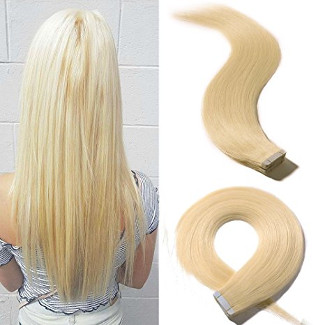 18" 20pcs 50g Tape in Hair Extensions Remy Human Hair 60 Platinum Blonde Long Straight Hair Seamless Skin Weft Invisible Double Sided Tape