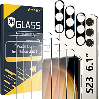 Arshek [4 3 Pack] for Samsung Galaxy S23 Glass Screen Protector, 9H Tempered Glass, Ultrasonic Fingerprint Compatible, HD Clear Case Friendly for Samsung S23 Screen Protector 5G