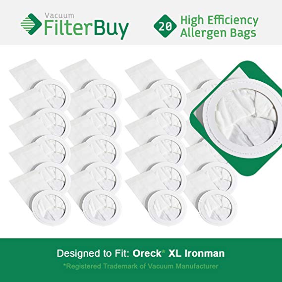 20 - FilterBuy Oreck Ironman Replacement Vacuum Bags. Oreck Part #'s PKIM765 & 61963. Allergen Filtration Vacuum Bags designed by FilterBuy to replace Oreck XL Ironman Vacuum Bags