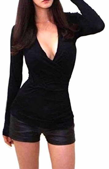 ZANZEA Women Cotton Deep V Neck Low Cut Long Sleeve Slim Shirt Tee Top Blouse