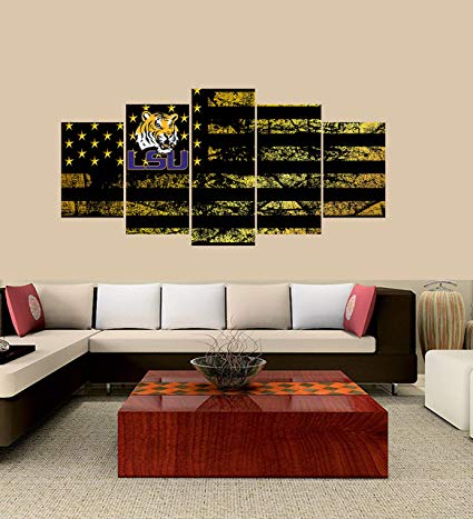 PEACOCK JEWELS [Large] Premium Quality Canvas Printed Wall Art Poster 5 Pieces / 5 Pannel Wall Decor LSU Tigers Logo Painting, Home Decor Football Sport Pictures- Stretched
