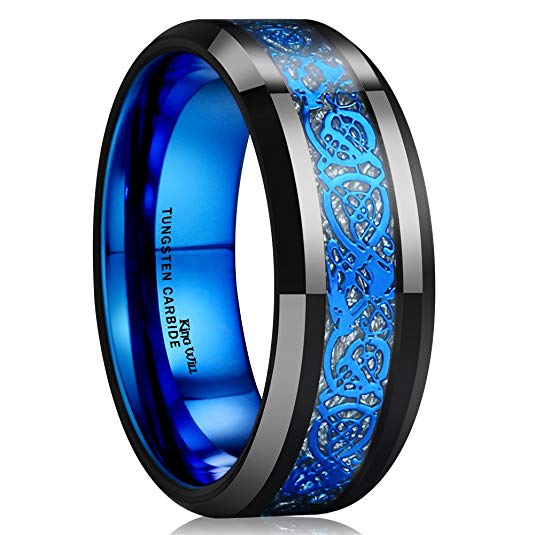 King Will DRAGON Blue Celtic Tungsten Carbide Ring 8mm Mens Black Wedding Band Polished Comfort Fit