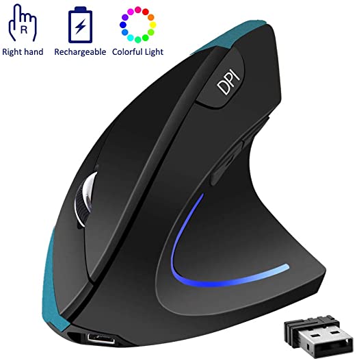 Ergonomic Mouse,Optical Vertical Wireless Mouse Rechargeable with USB Receiver,2.4GHz Optical Mouse,6 Buttons,800/1200/1600 DPI,for Laptop,PC,Computer,Desktop,Notebook (Blue-Right)