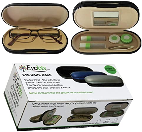 Evelots Dual Sided 2 in 1 Glasses-Contact Lens Case-Mirror-Travel Kit- 3 Colors