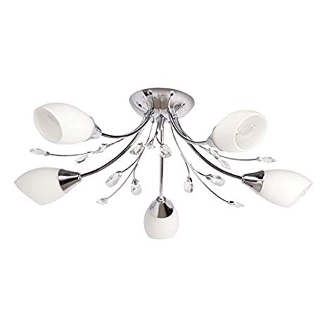 Ceiling light silver metal white glass crystal modern kitchen 5 arms