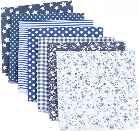 7PCS 50 50cm Cotton Craft Fabric Bundle Patchwork Squares Quilting Sewing Patchwork Different Pattern Cloths DIY Scrapbooking Artcraft (Navy Blue Series)