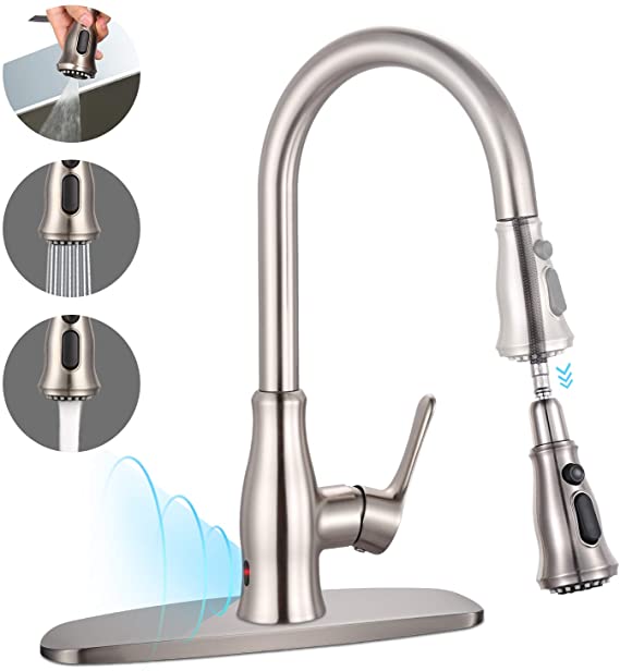 TACKLIFE Touchless Kitchen Faucet, Automatic Side Motion Sensor Activated Kitchen Sink Faucet with 3 Modes Pull Down Sprayer, 90° Swivel Single Handle High Arch Brushed Nickel Faucet with Deck Plate