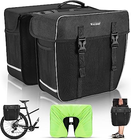 West Biking Fahrradtasche Doppeltasche Gepäckträger Tasche, 30L wasserdichte Große Packtaschen, Rücksitz-Kofferraumtasche mit Gurt, Reißfeste Gepäcktasche für Pendlergepäckträger mit Regenschutz