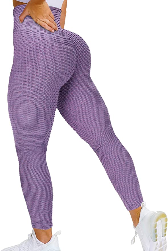 QOQ Women's High Waist Yoga Pants Tummy Control Slimming Textured Booty Leggings Running Workout Ruched Butt Lift Pants