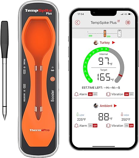ThermoPro TempSpike Plus 600FT Wireless Meat Thermometer with Upgraded Ultra-Thin Probe, Bluetooth Meat Thermometer Wireless for Outside Grill, Smoker Thermometer for BBQ Oven Rotisserie Sous Vide