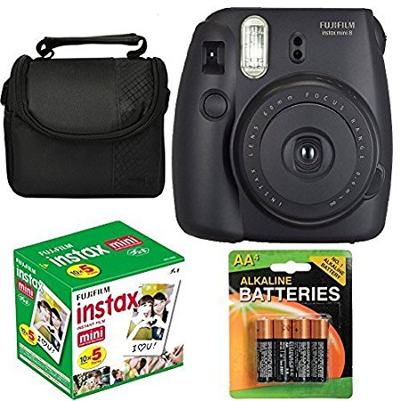 Fujifilm Instax Mini 8 Instant Film Camera (Black) With Fujifilm Instax Mini 5 Pack Instant Film (50 Shots)   Compact Bag Case   Batteries Top Kit - International Version (No Warranty)