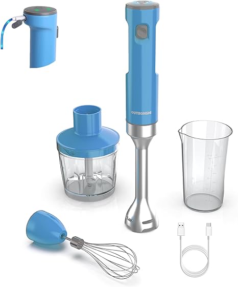 Cordless Hand Blender, OUTRONSM Immersion Blender Rechargeable, with Charging Cable, 500ml Chopper, 600ml container, Egg Whisk, for Smoothies, Milkshakes, Baby Food and Soups – Blue