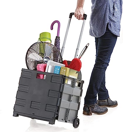 Inspired Living Ultra-Slim Rolling Collapsible Storage Pack-N-Roll Utility-carts, with Telescopic Handle, for Home, Garden, Shopping, Office, School use, Large, Grey & Black