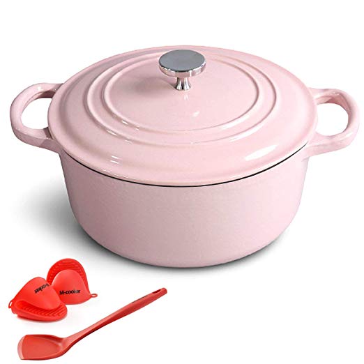 M-cooker 4.5 Quart Enameled Cast Iron Pot with Self Basting Lid,Classic Mint Blue Enamel Dutch Oven (Pink)