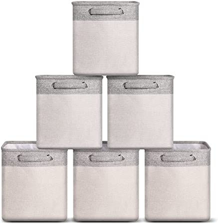 SAWAKE Fabric Cube Storage Bins 10.5" x 10.5" x 11", Clothes Storage Basket with Handle for Cube Organizer, Shelf, Closet, Nursery, Office, Laundry Room (Set of 6, Grey)