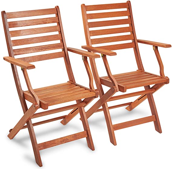 VonHaus Set of 2 Wooden Folding Armchairs - Meranti Hardwood with Teak Oil Stained Finish Hardwood Folding Garden Outdoor Patio Chairs