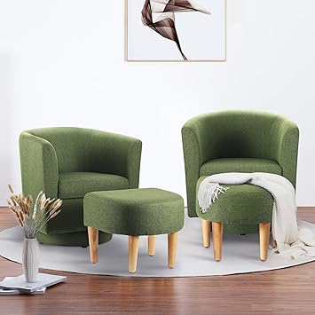 DAZONE Accent Chair Set of 2, Mid Century Modern Swivel Chair with Ottoman, Living Room Chairs Comfy Armchair 360 Degree Swivel Barrel Round Club Tub Sofa Chair for Bedroom Reading Room, Green
