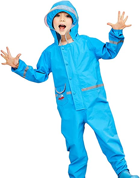 Kids One Piece Rain Suit Boys Girls Waterproof Rainsuit Toddler Rain Coat Coverall for 2-8 Years
