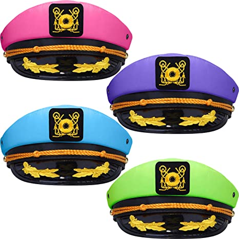 SATINIOR 4 Pieces Neon Captain Hats Adjustable Cotton Yacht Hats Navy Sailor Hat Captain Cap for Men Women Costume Favor