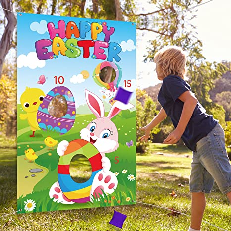 Easter Toss Game with 3 Bean Bags Funny Easter Bunny and Easter Egg Banner 34 x 53 Inches Spring Easter Bean Bag Game Sets for Indoor Outdoor Family School Party Games Supplies