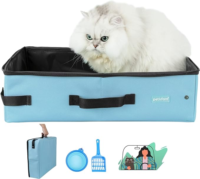 Portable Cat Travel Litter Box with Leak-Proof Zipped Lid to Keep Odor and Litter Contained. Lightweight to Carry Around (Blue, Large)