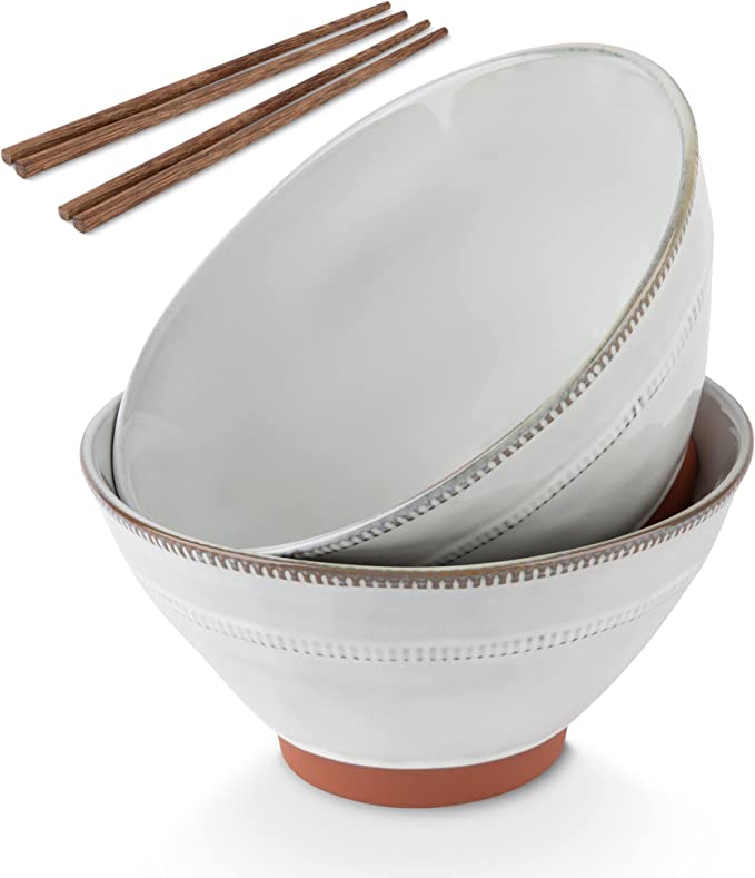 Kook Terracotta Japanese Ramen Bowls, Microwavable, Dishwasher Safe, for Rice, Udon, Soba, Pho, 36 oz, with One Set of Wooden Chopsticks, Set of 2 (Cloudy White)
