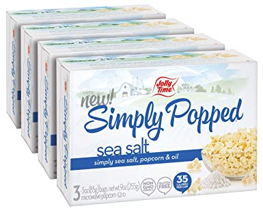 JOLLY TIME Simply Popped Sea Salt | Vegan, Dairy Free Lightly Salted Microwave Popcorn - Gluten Free & Kosher Snack with Natural Whole Grain Kernels (3-Count Box, Pack of 4)