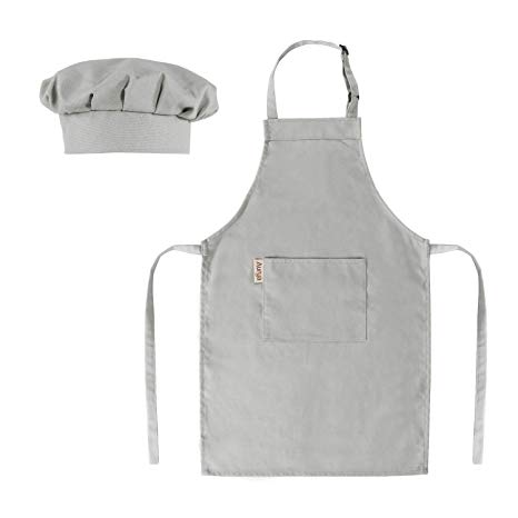 Kids Apron and Chef Hat Set-Adjustable Child Apron for Boys and Girls Aged 6-14,Children’s Kitchen Bib Aprons with Large Pocket for Cooking Baking Painting(Light Gray)