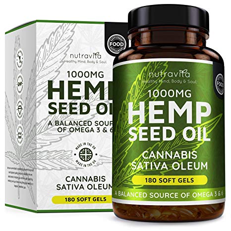 Hemp Seed Oil 1000mg Supplement 180 Soft Gels | Pure Cold Pressed Oil | 180 Soft Gel Capsules | 1000mg per capsule | A Balanced Source of Omega 3 & 6 | Developed and Manufactured in the UK by Nutravita