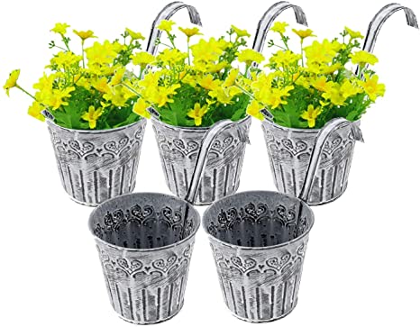 HighFree 5 Pack Metal Iron Flower Pot Vase Wall Fence Hanging Balcony Garden Patio Planter for Home Decor Vintage Feel Style (with Drain Hole)