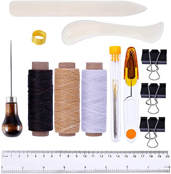 19 Pieces Bookbinding Kit Starter Tools Set Bone Folder Paper Creaser, Waxed Thread, Awl, Large-Eye Needles for DIY Bookbinding Crafts and Sewing Supplies