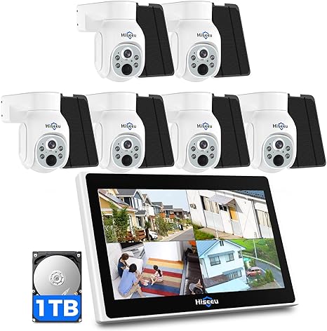 Hiseeu Solar Security Camera Outdoor, 6PCS 4MP Camera with 10in LCD 1T HDD, 2-Way Audio, Color Night Vision