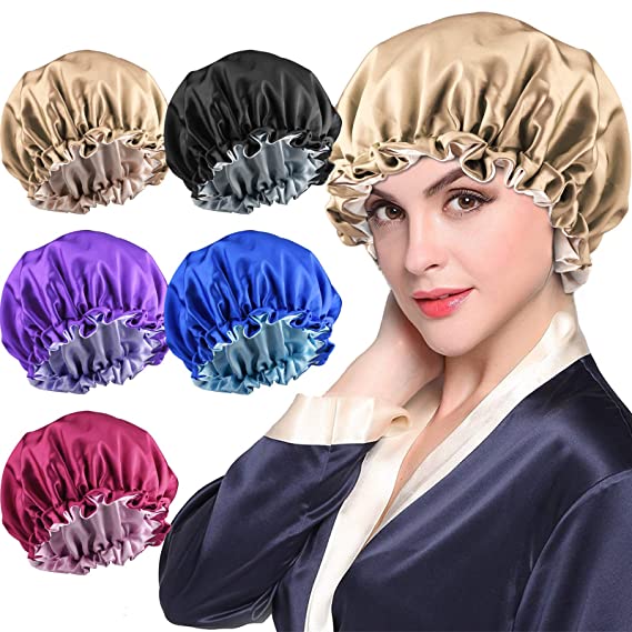 5pcs Large Satin bonnet for Curly Natural Hair, Double Layer Reversible Silk Hair Cap for Women Sleeping,188