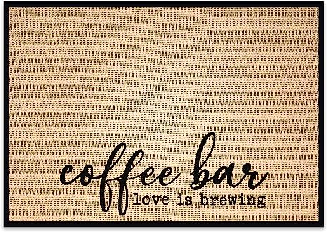 New Mungo Coffee Bar Mat - Coffee Bar Decor for Coffee Station - Coffee Bar Accessories for Coffee Decor - Love is Brewing Coffee Mat - Burlap Placemat with Fabric Backing - 20”x14”