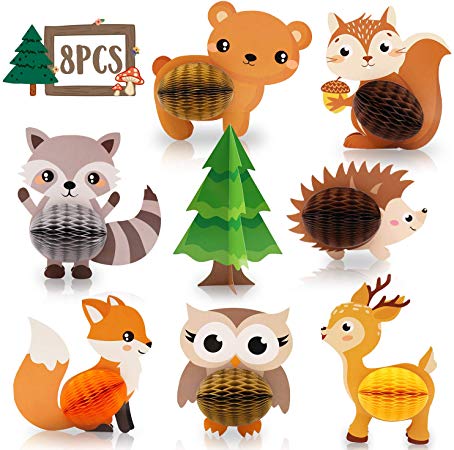 8 PCS Woodland Animals Honeycomb Centerpieces Woodland Creature 3D Table Decorations for Woodland Baby Shower Birthday Party Decorations Supplies