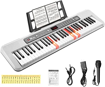 24HOCL 61 Keys Keyboard Piano Lighted Keys for Beginners Adults Teens Kids Birthday Children's Day Holidays Best Gift, Full-Size Keys Portable Electronic Keyboard with UL Adapter Mic Music Stand