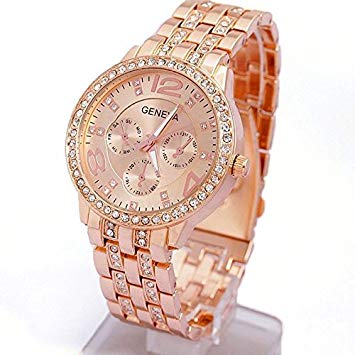 Classic Wrist Watch Geneva Metal Bracelet Watch Rhinestones Unisex Crystal Round Quartz Leisure Watches with Alloy Band by AENMIL (Rose Gold)