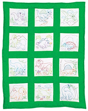 Jack Dempsey Stamped White Nursery Quilt Blocks (12 Pack), 9" by 9", Dinosaurs