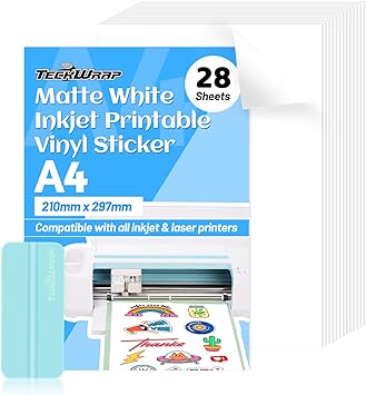 TECKWRAP Printable Vinyl Sticker Paper for Inkjet Printer Matte White Printable Sticker Paper Waterproof 8.26" x 11.69" A4 Size 28Pcs/Pack for Sticker, Scrapbooking, Craft Cutters