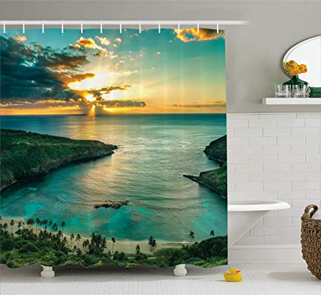 Ambesonne Ocean Shower Curtain Set Hawaiian Decor, Sunrise Over Hanauma Bay On Oahu Hawaii Sunbeams Through Dark Clouds Shore, Bathroom Accessories, with Hooks, 69W X 70L Inches, Green Orange