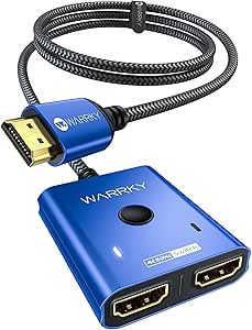 4K@60Hz HDMI Splitter Switch 2 in 1 Out, WARRKY 【3.3ft Fixed Braided HDMI Cable, Aluminum Case, HDCP 2.2】 Bidirectional 2x1 Switcher UHD Compatible for PS5/4, Nintendo Switch, Roku, FireStick – Blue