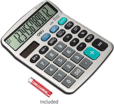 Calculator, Deli Standard Function Desktop Basic Calculators with 12 Digit Large LCD Display, Solar Battery Dual Power Office Calculator, Metal Panel, Silver