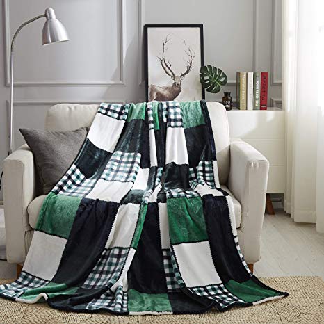 Tache Forest Green Farmhouse Super Soft Fleece Plaid Patchwork Throw Bed Blanket, 90x90 Queen