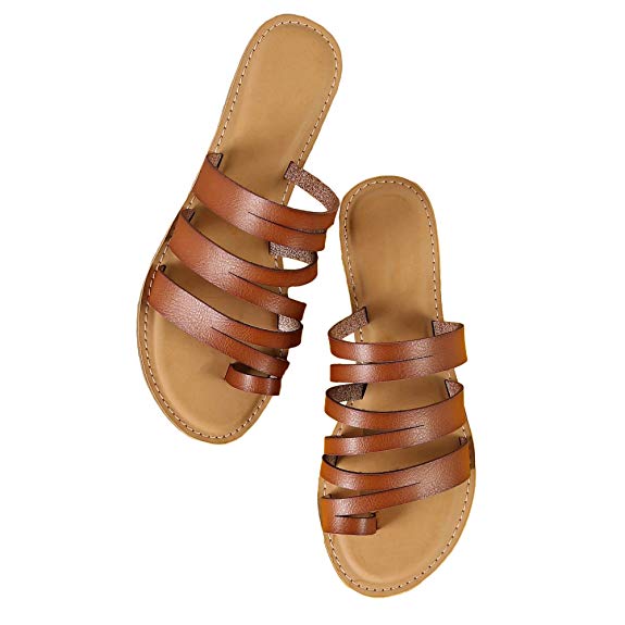 PiePieBuy Womens Cross Toe Flip Flops Strappy Gladiator Leather Summer Thong Flat Sandals