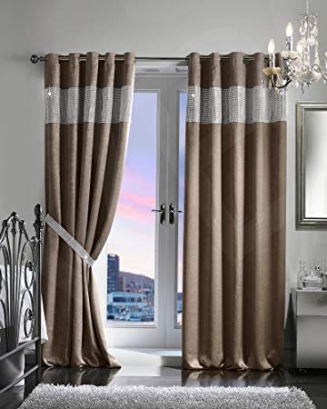 Viceroybedding PAIR OF VELVET STYLE DIAMANTE THERMAL BLACKOUT Eyelet Ring Top Curtains Including Pair of Matching TIE BACKS, by VICEROY BEDDING (90'' x 72'', Beige/Taupe)
